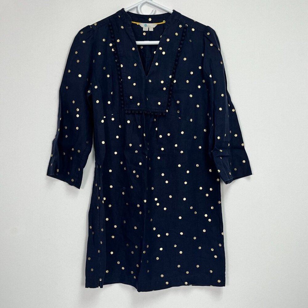 Boden Gold Polka Dot Evangeline Linen Tunic Size 2R Navy Split Neck 3/4 Sleeve